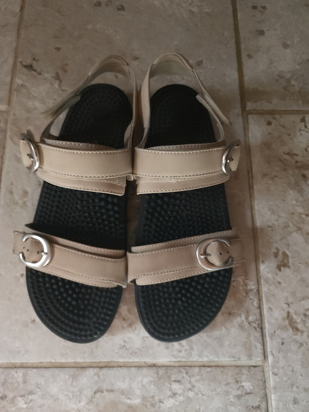 Women’s Beige Double-Strap Buckle Sandals